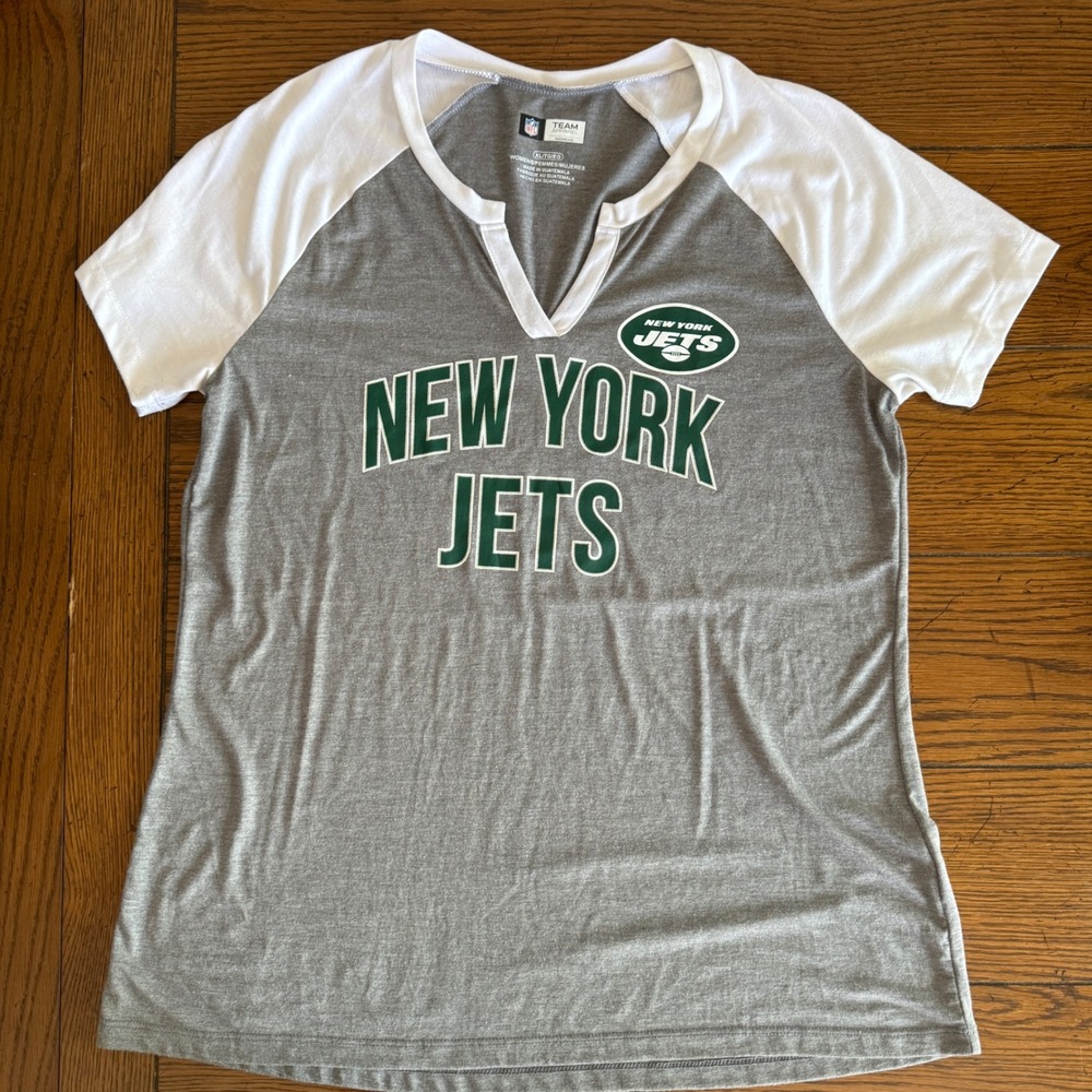 NFL Team Apparel NY Jets Tee Women‎ XL Gray Raglan V Neck Casual Sporty Y2K
